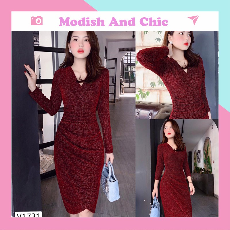 Váy body ánh nhũ đỏ xẻ tà V1731 - MC phân phối chính thức ( kèm ảnh thật trải sàn shop tự chụp)