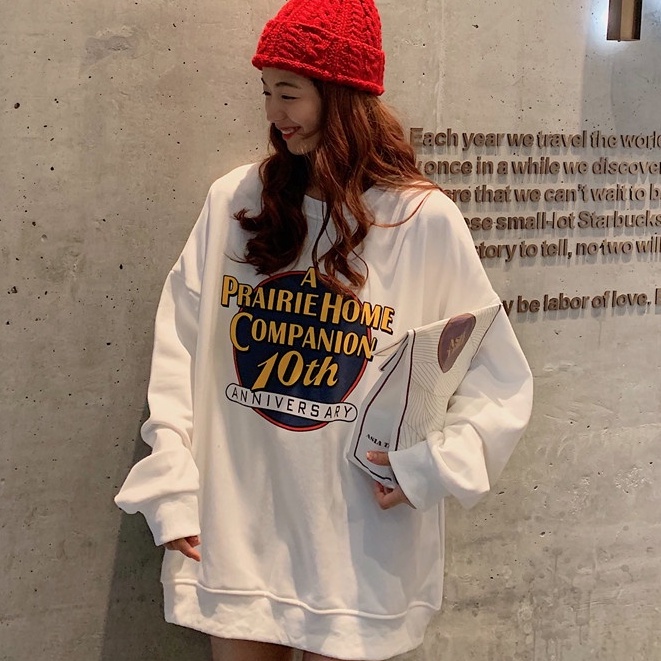 Áo sweater nữ form rộng hàn quốc PRAIRIE HOME 2021, áo sweater nữ nỉ dài tay màu trắng đen thời trang thu đông unisex
