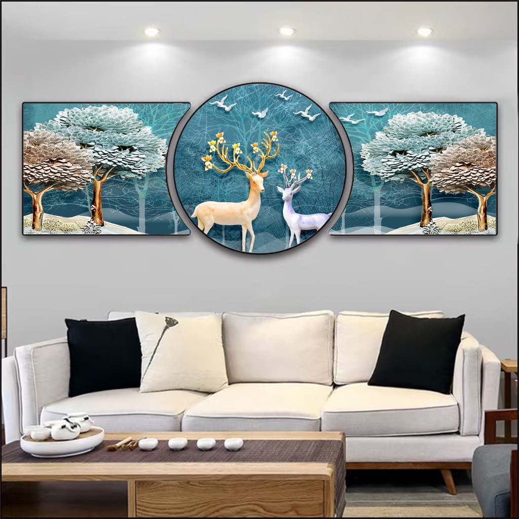 B01 Tranh Treo Tường Decor Phòng Khách/ Ngủ/ Đại sảnh/ Quầy Lễ tân/ Nhà Nghỉ Hươu Sao Và Dải Ngân Hà Tráng Gương