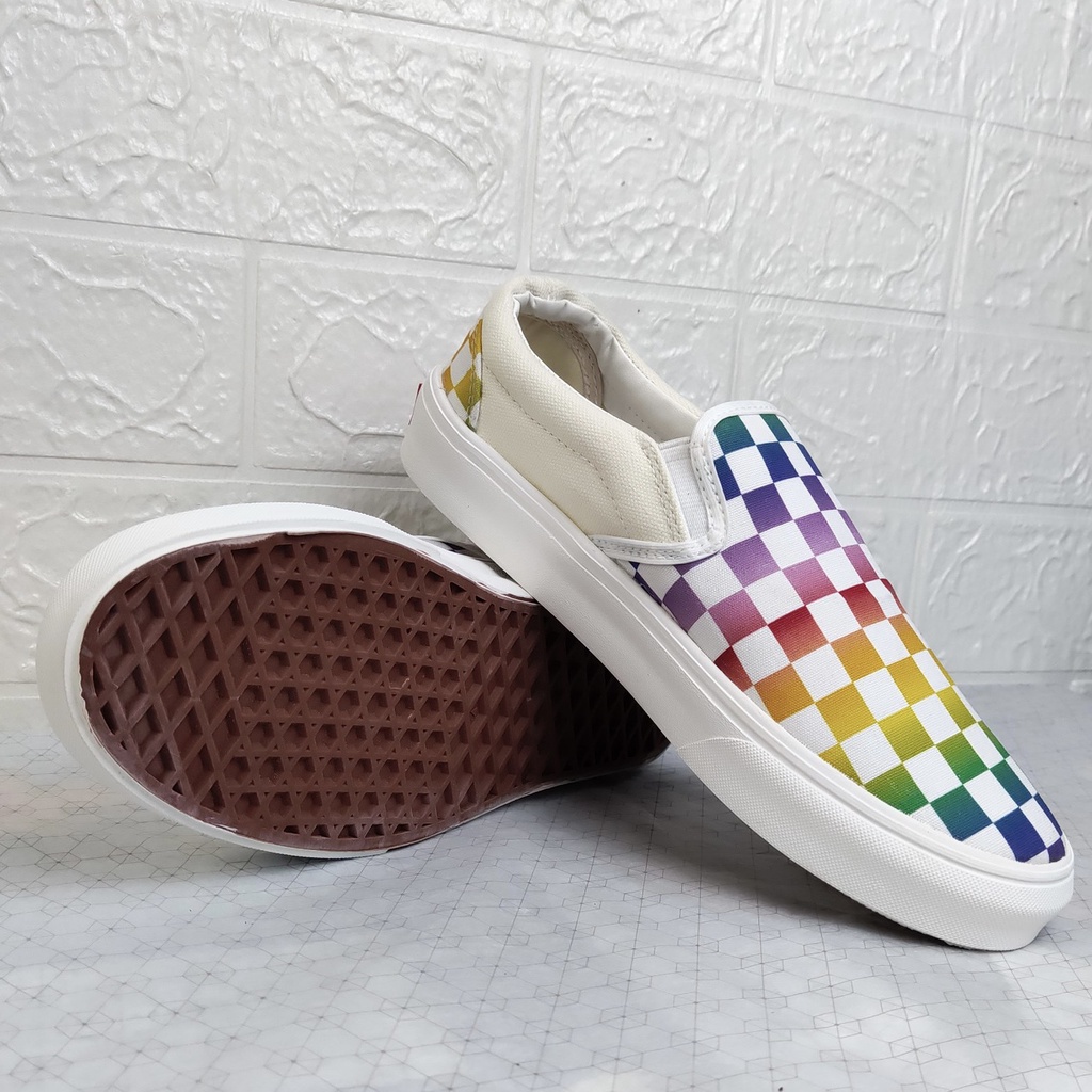 Giày Thể Thao Van Lười Caro Bảy Sắc Cầu Vồng, Slipon Bảy Màu Nam Nữ Fullbox