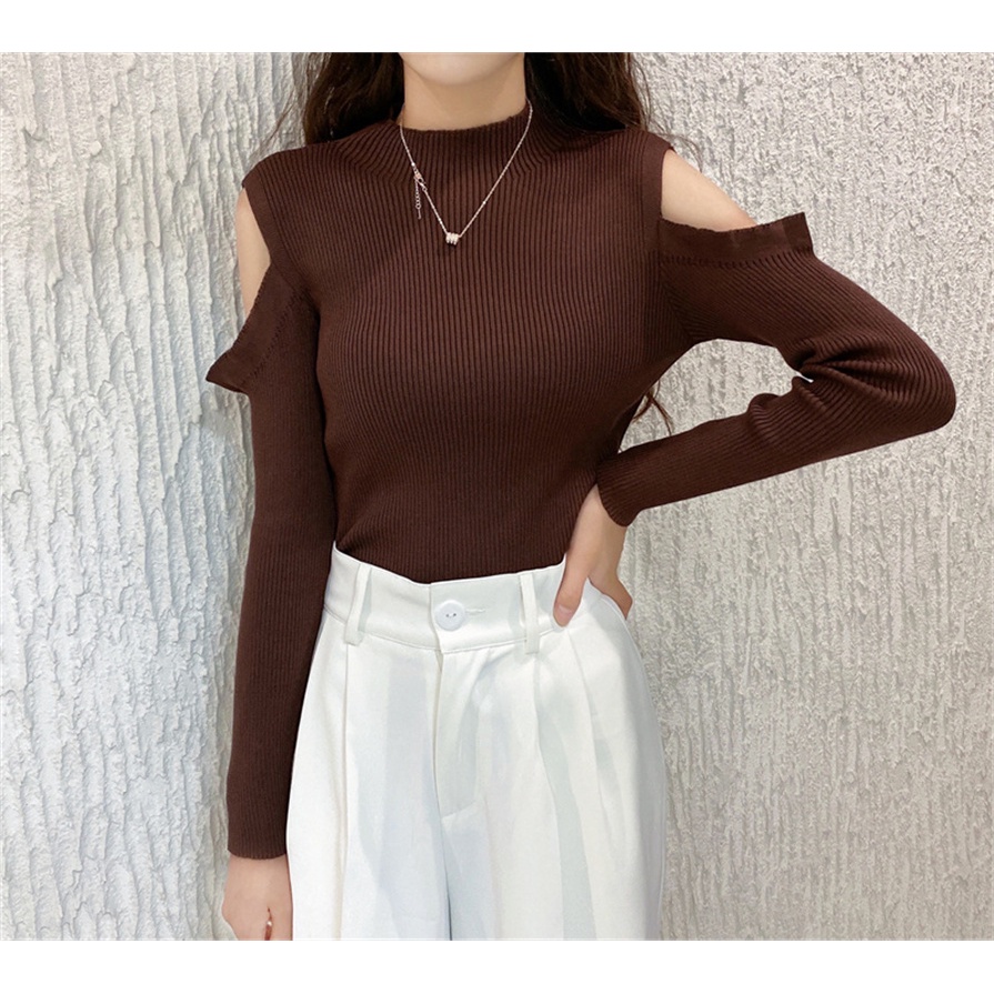 SUXI Áo kiểu dệt kim hở vai ôm dáng vừa vặn thời trang mùa thu mới dành cho nữ