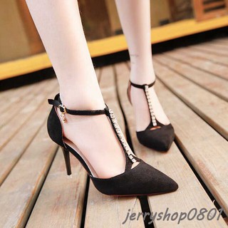 Giày nữ cao gót 7 phân bít mũi phối kiểu chữ T đính hạt