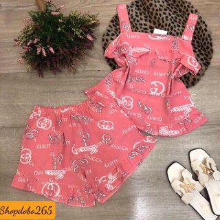 Bộ ngủ 2 dây, đồ bộ nữ mặc nhà đùi vải lụa họa tiết dễ thương size 45-57kg.