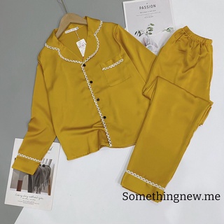 Đồ ngủ nữ pijama dài tay quần dài, đồ ngủ pijama cổ tròn lụa tt pha ren mát mịn mặc ở nhà