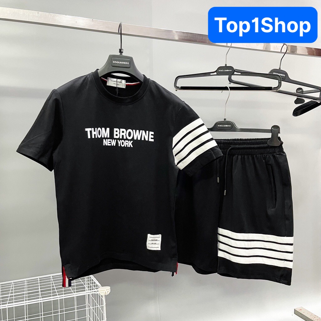 Set Bộ Thể Thao Nam Nữ THOM BROWNE - Áo Thun Tay Lỡ Unisex Form Rộng
