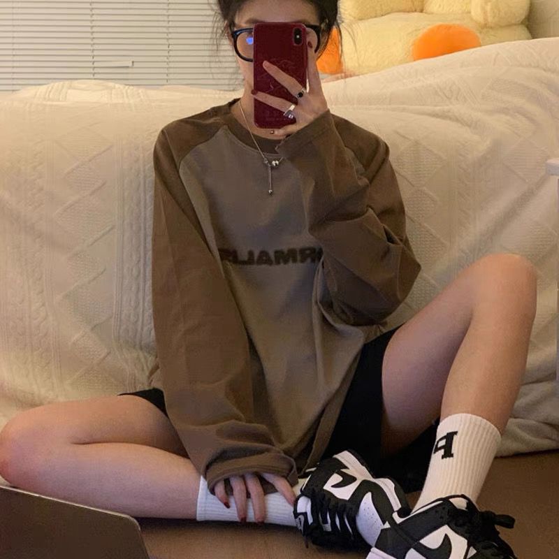 Áo Thun Nữ Tay Dài Dáng Rộng In Chữ Phong Cách retro Mỹ