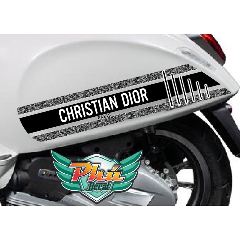 tem rời chrisrian Dio dán xe vespa Sprint, Vespa Primavera, Vespa Lx trắng đen