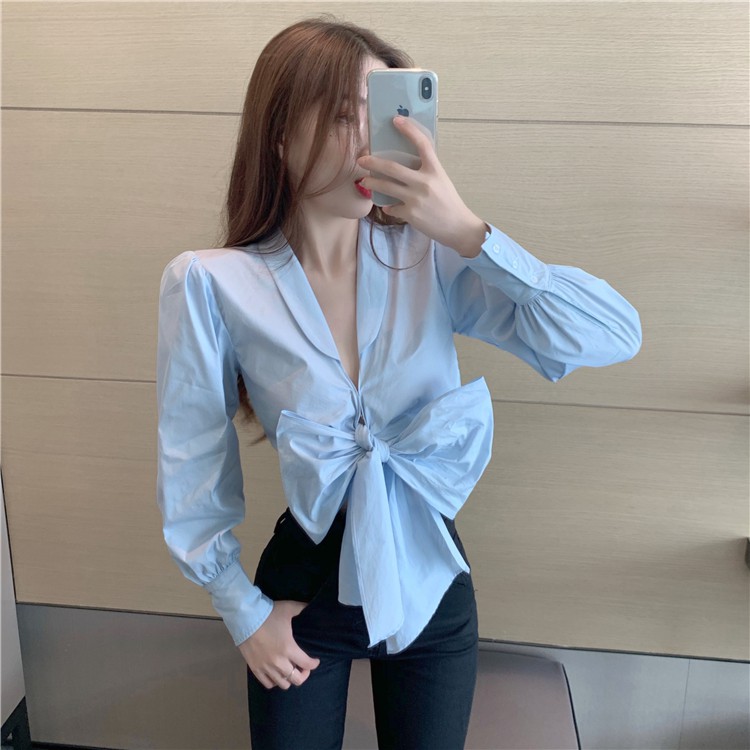 Áo sơ mi cột nơ tay dài