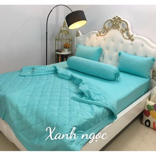 Bộ ga thun màu xanh 4 món size nệm cao 20cm-drap thun Hàn Quốc