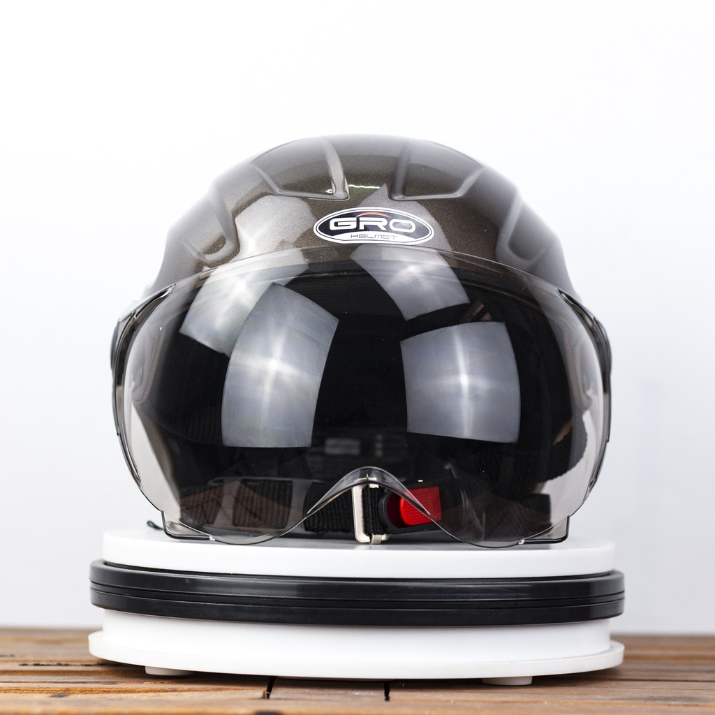 Mũ Bảo Hiểm Nửa Đầu GRO Helmet có kính, kiểu dáng thể thao cho nam và nữ, khóa kim loại chắc chắn - Nâu Bóng