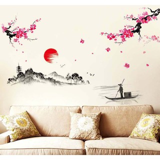 (HCM) Decal dán tường Tranh thủy mặc ông lão chèo đò DKN015 - decalhcm