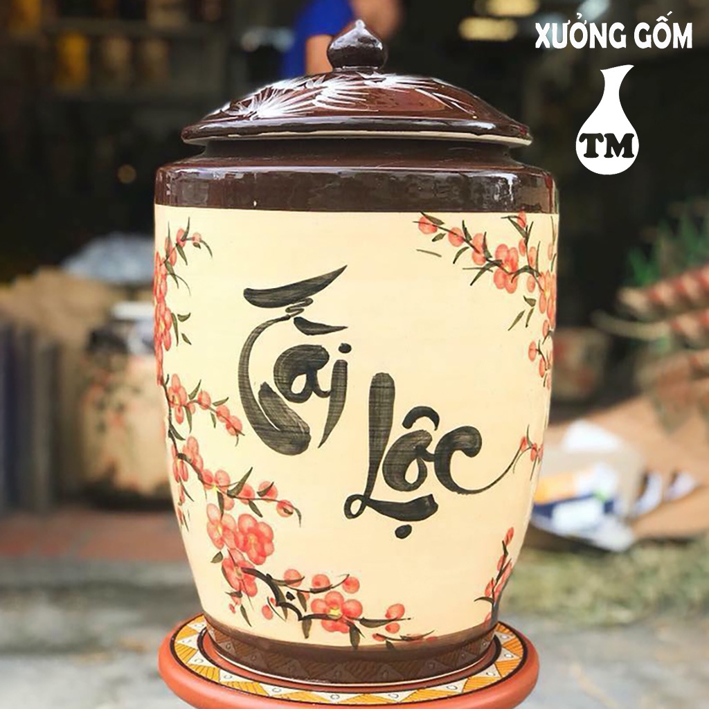 Hũ Sành Đựng Gạo Xưởng Gốm TM Bát Tràng chữ Tài Lộc Vẽ Hoa Đào Tráng Men