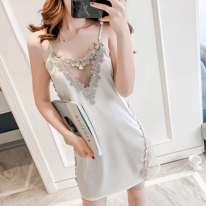 Đầm ngủ sexy 2 dây lụa phối ren ngực họa tiết trái tim dễ thương váy mặc nhà xẻ tà đùi gợi cảm đáng yêu BIKI HOUSE N151