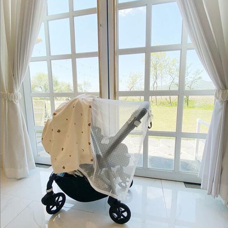 Vỏ Bọc Xe Đẩy Em Bé Phối Ren Thêu Họa Tiết Gấu Thoáng Khí Chống Muỗi