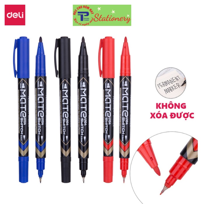 Bút dạ kính 2 đầu Deli - không xóa được, mực vĩnh cửu - Mực Đen/Xanh/Đỏ - 12 cây/hộp - EU10420/10430