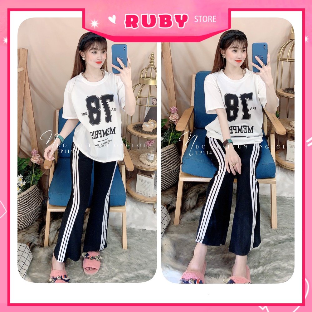 Đồ bộ thun dài ống loe sọc hot chất thun mềm mát in hình hoạt hình dễ thương TP114