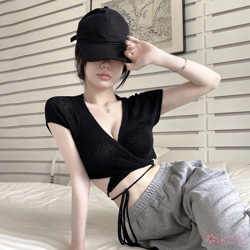 Áo Croptop Dệt Kim Tay Ngắn Cổ Chữ V Cột Dây Phong Cách Hàn Quốc Thời Trang Mùa Hè Cho Nữ