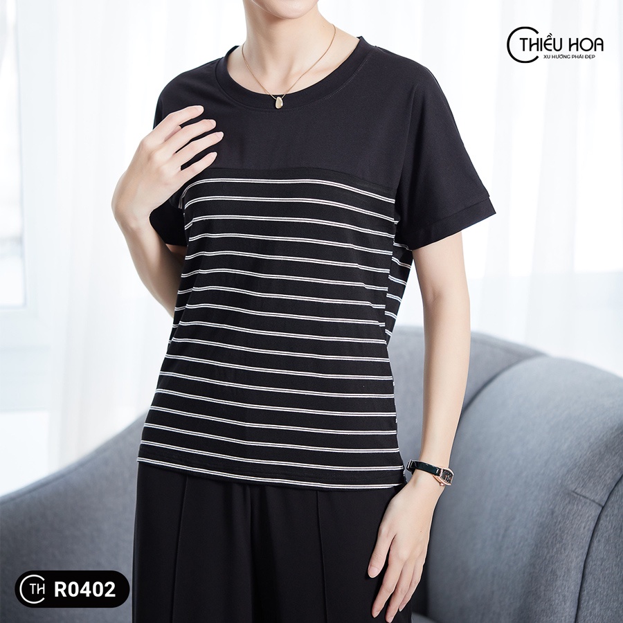 Áo Thun Trung Niên Nữ Cao Cấp  hoạ tiết sọc ngang, Áo Phông Trung Niên chất liệu Cotton mềm mịn, thiết kế đơn giản