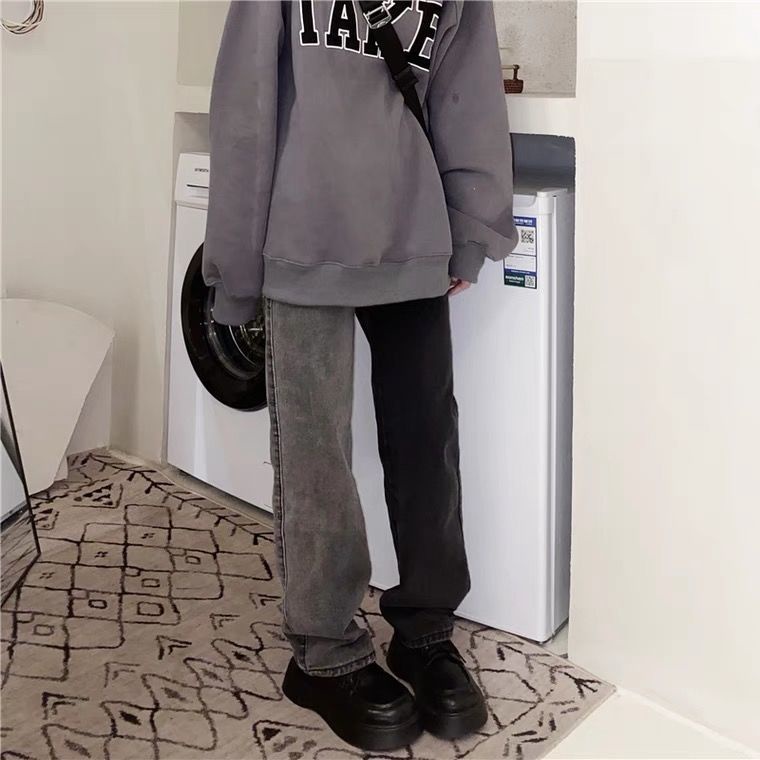 Quần Jean Dài Ống Rộng Phối Màu Đen Xám Phong Cách Harajuku Đường Phố Cá Tính Cho Nữ