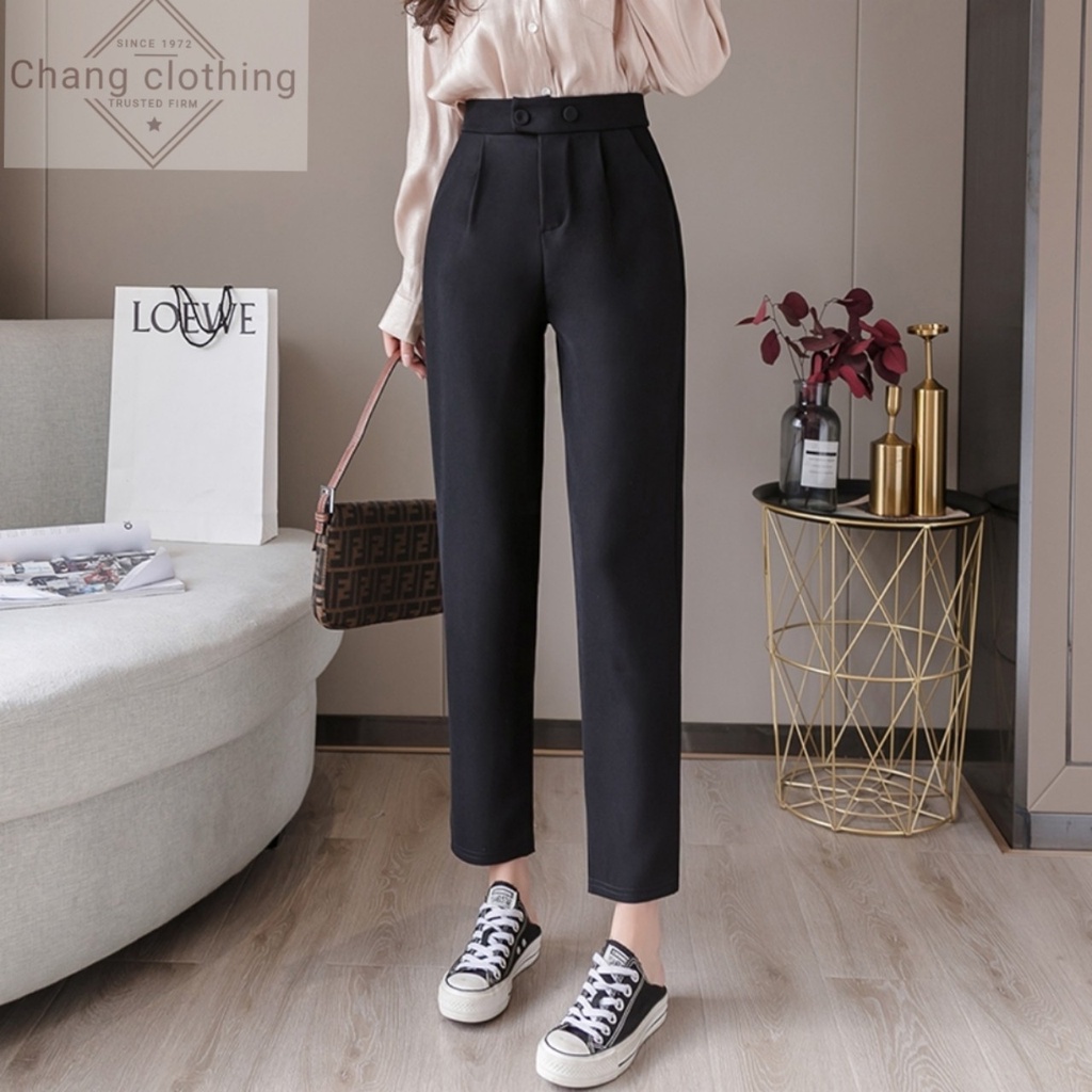 Quần tây baggy nữ lưng cao công sở dáng dài ống đứng kèm đai 2 nút bấm màu đen vải mềm - Quần vải nữ đi học sinh cạp cao