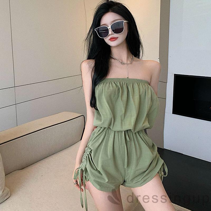 Áo Liền Quần Lưng Cao Trễ Vai Phối Dây Rút Thời Trang Xuân Thu Cho Nữ