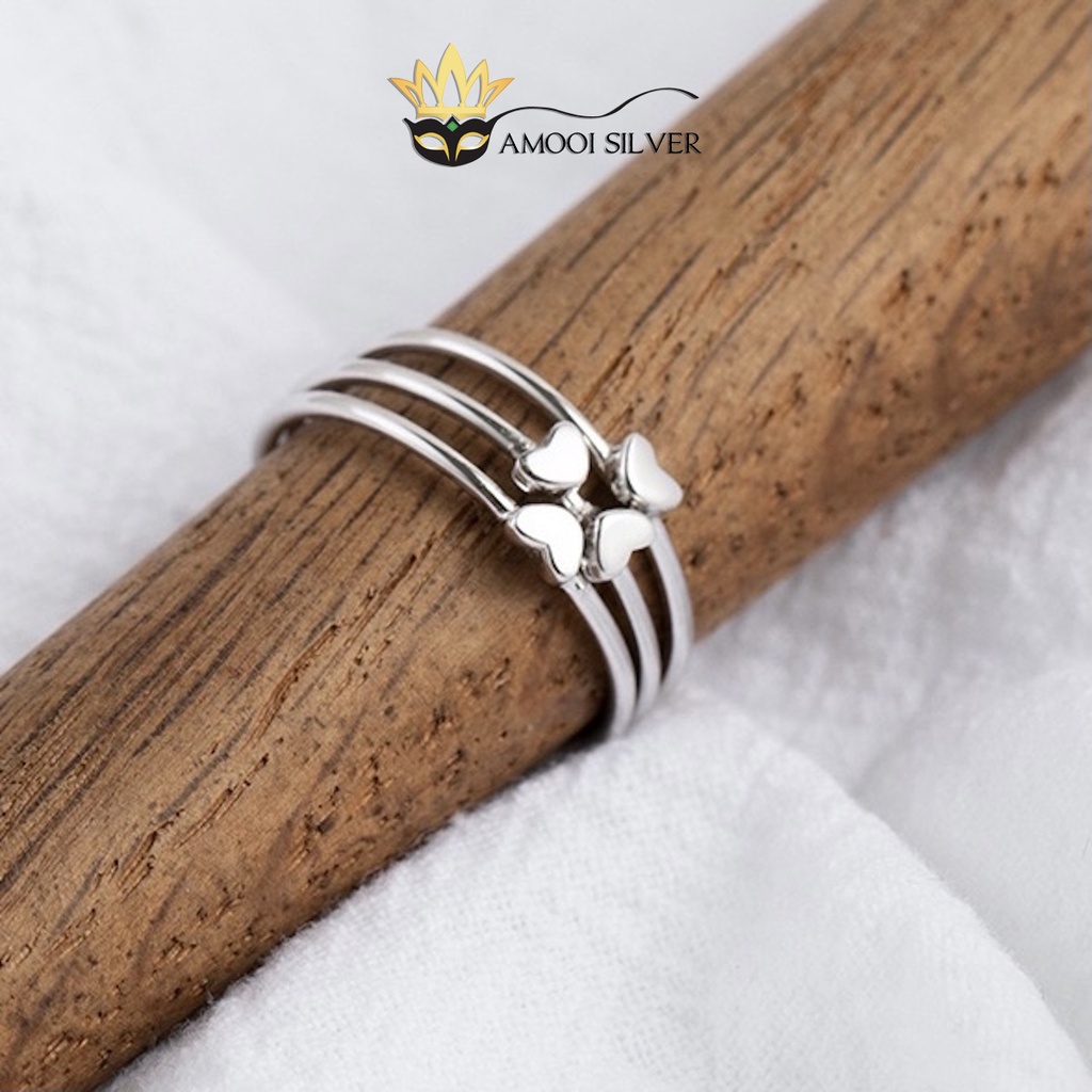 Nhẫn bạc S925 3 chiếc trái tim cỏ 4 lá - Amooi Silver AN89