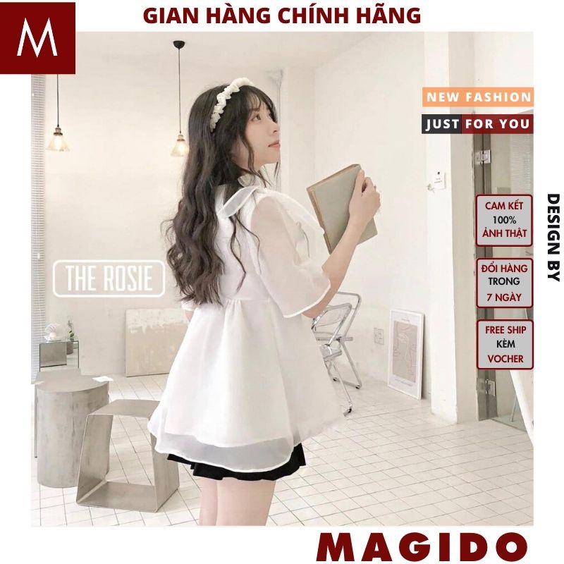 Áo babydoll nữ voan tơ 2 lớp nơ vai kiểu dáng hàn quốc ulzzang tiểu thư bánh bèo dễ thương -MAGIDO