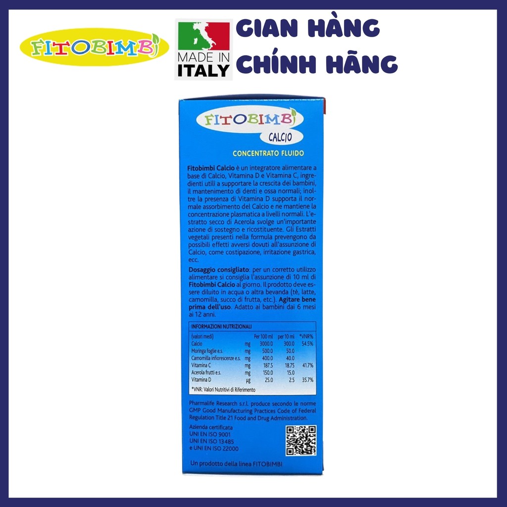 Fitobimbi Calcio - Bổ sung canxi và vitamin D3, vitamin C giúp tăng khả năng hấp thu canxi