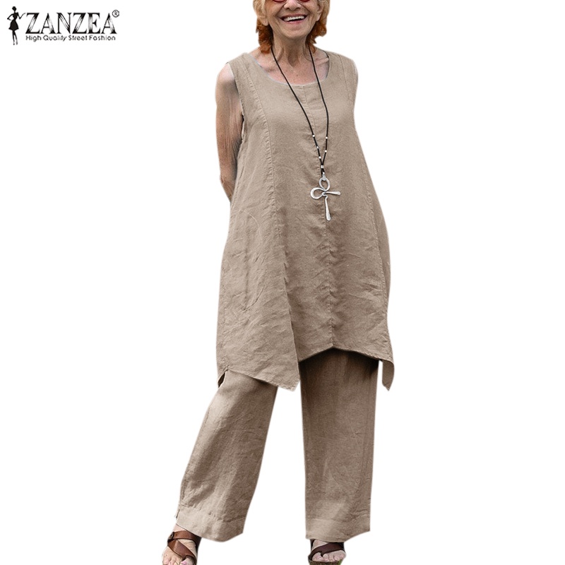 Zanzea Bộ Áo Cotton Sát Nách + Quần ống rộng Lưng Thun Thời Trang Châu Âu Cho Nữ