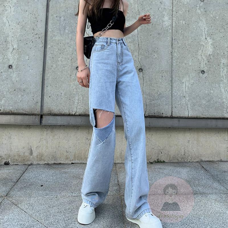 Quần Jeans Dài Lưng Cao Màu Sắc Trơn Dáng Rộng Dành Cho Nữ