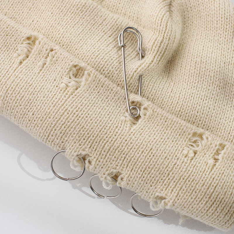 Mũ trùm đầu dệt kim mềm mại màu trơn phối lỗ rách phong cách hip hop Harajuku mùa thu đông 2022