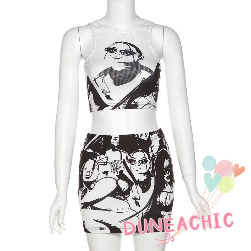 DUNEA Bộ đồ gồm áo tanktop không tay và chân váy lưng cao xinh xắn dành cho nữ
