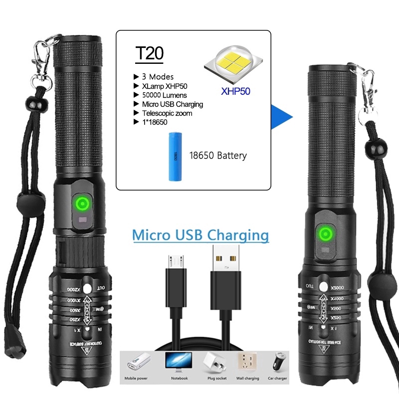 Đèn Pin 6000 Lumens XHP50 Mạnh Nhất đèn Pin 18650 Sạc USB Săn Bắn Cắm Trại Câu Cá