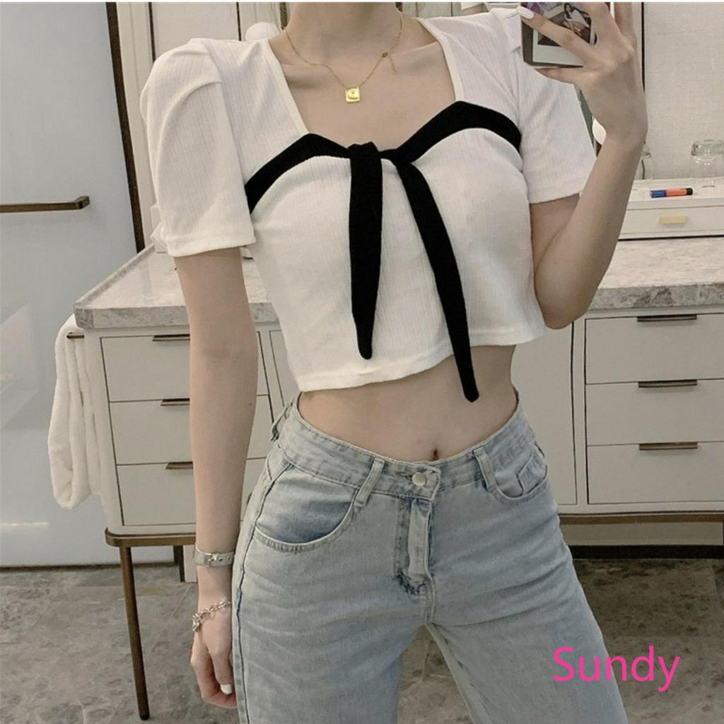 Áo Croptop Tay NGắn Phối Màu Tương Phản Năng Động Cho Nữ