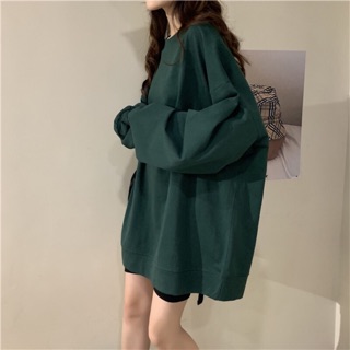 Thelei Áo thun sweater oversize dáng dài form rộng dài tay cổ tròn basic