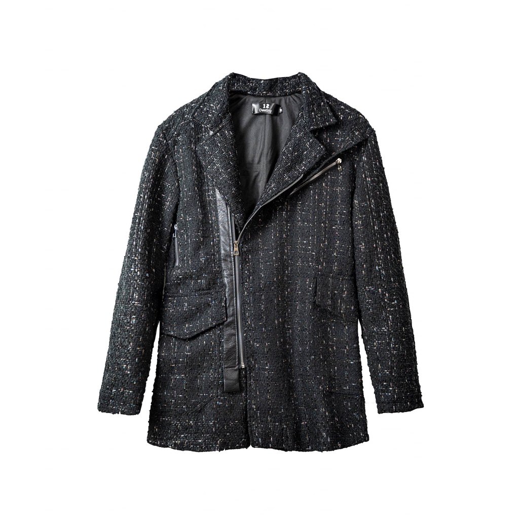 Áo khoác nam 12.DESTINY chi tiết khoá viền vải da dáng măng tô chất liệu dạ tweed màu đen