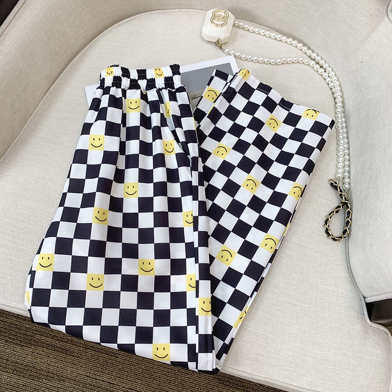 Quần Dài Dáng Suông Họa Tiết Mặt Cười Thời Trang Mùa Hè Cho Nữ
