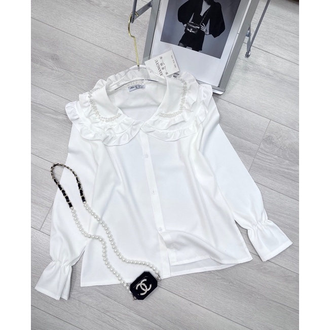 Áo sơ mi trắng cổ bèo đính ngọc áo trắng tiểu thư