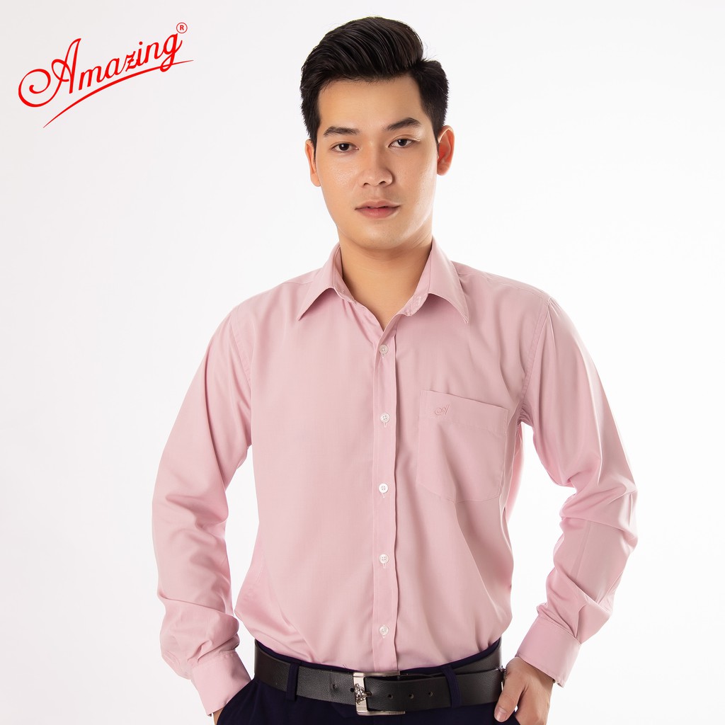 Áo sơ mi nam tay dài màu hồng vôi, form rộng regular, vải KT silk mềm mát, thời trang công sở Amazing