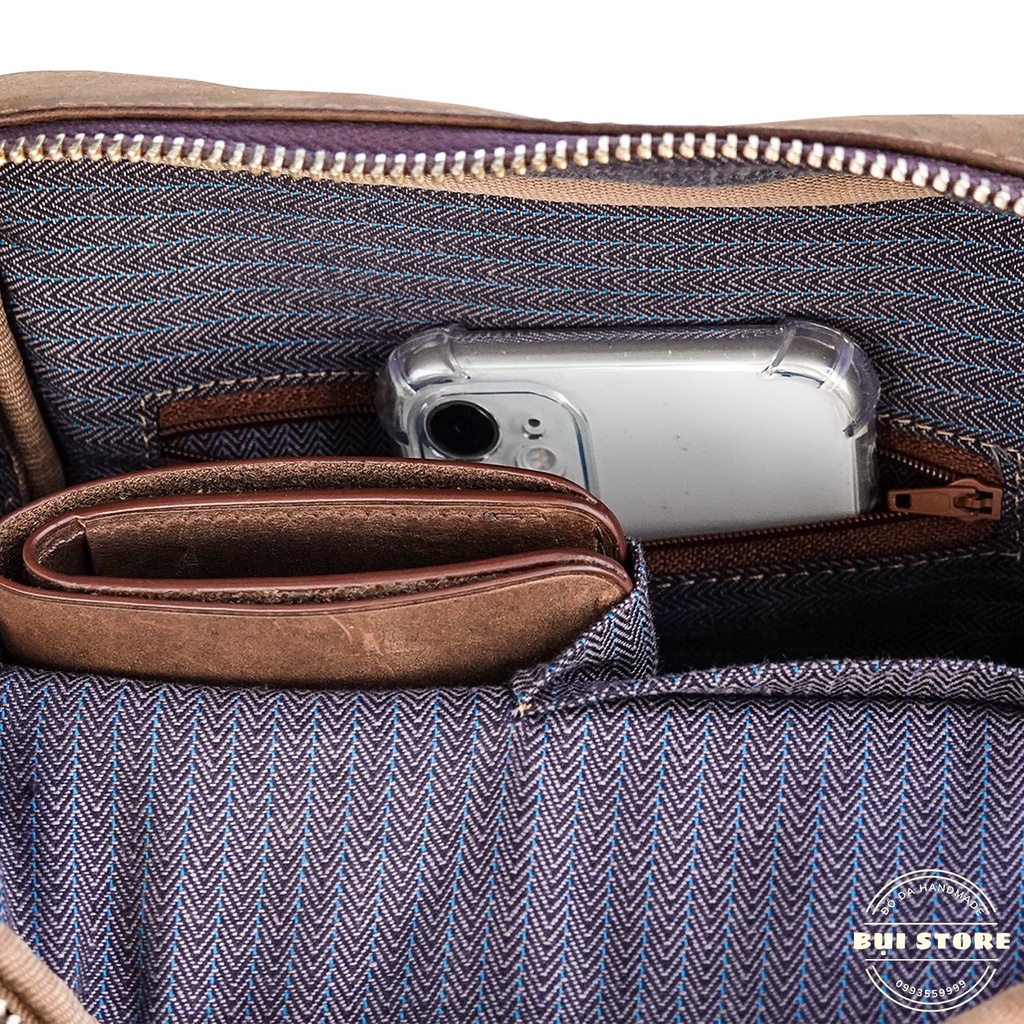 Túi chéo nam da thật, Túi đeo chéo thời trang nam da bò sáp 100% khâu tay Handmade