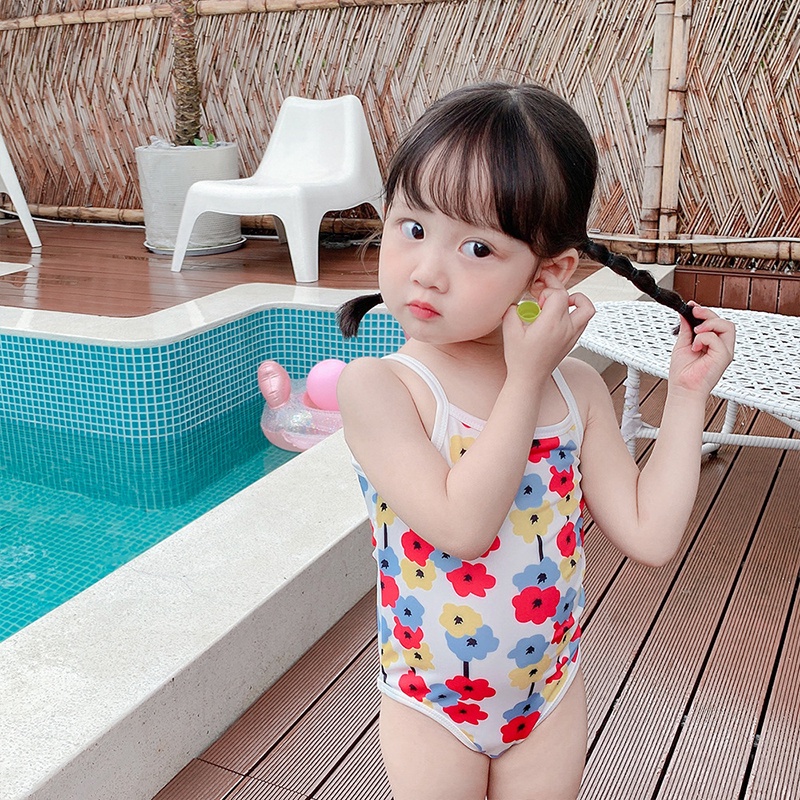Bộ Đồ Bơi Một Mảnh Hai Dây Họa Tiết Hoa Kèm Mũ Phong Cách Hàn Quốc Thời Trang Mùa Hè Cho Bé Gái
