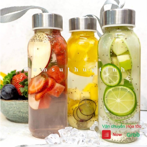 Bình nước thủy tinh/ Chai nước thủy tinh 300ml nắp có dây xách