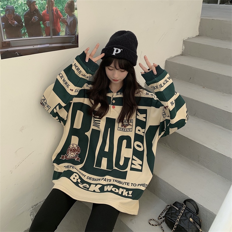 Áo thun polo ZHELIHANGFEI tay dài dáng rộng theo phong cách preppy Mỹ dễ phối đồ