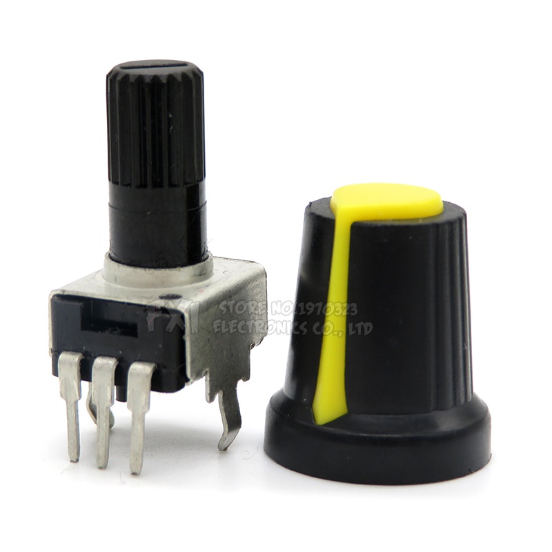 Set 5 Chiết Áp RV09 1K ~ 500K Ohm 3pin + 5 Nút Vặn Màu Vàng