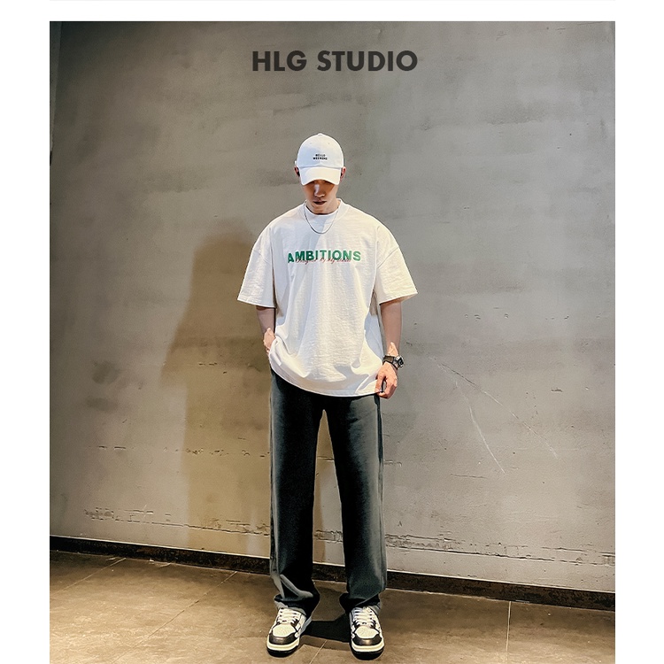 Áo phông nam cổ tròn AMBITON phong cách tay lỡ đơn giản, Cotton cao cấp đường phố 2022