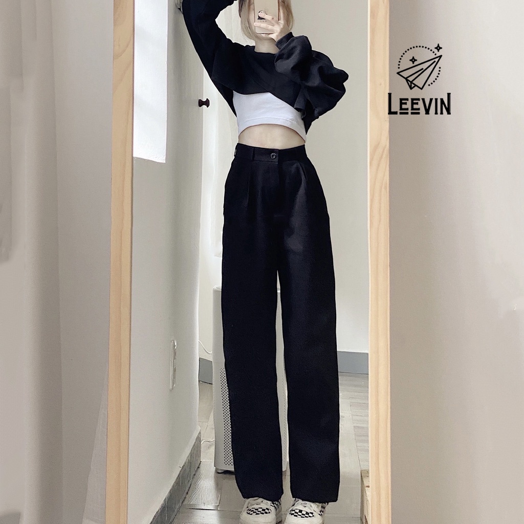 Quần Kaki Nữ Ống Rộng Lưng Cao Ulzzang Kiểu Phong Cách Dáng Suông Quần Ống Rộng Cạp Cao Leevin store