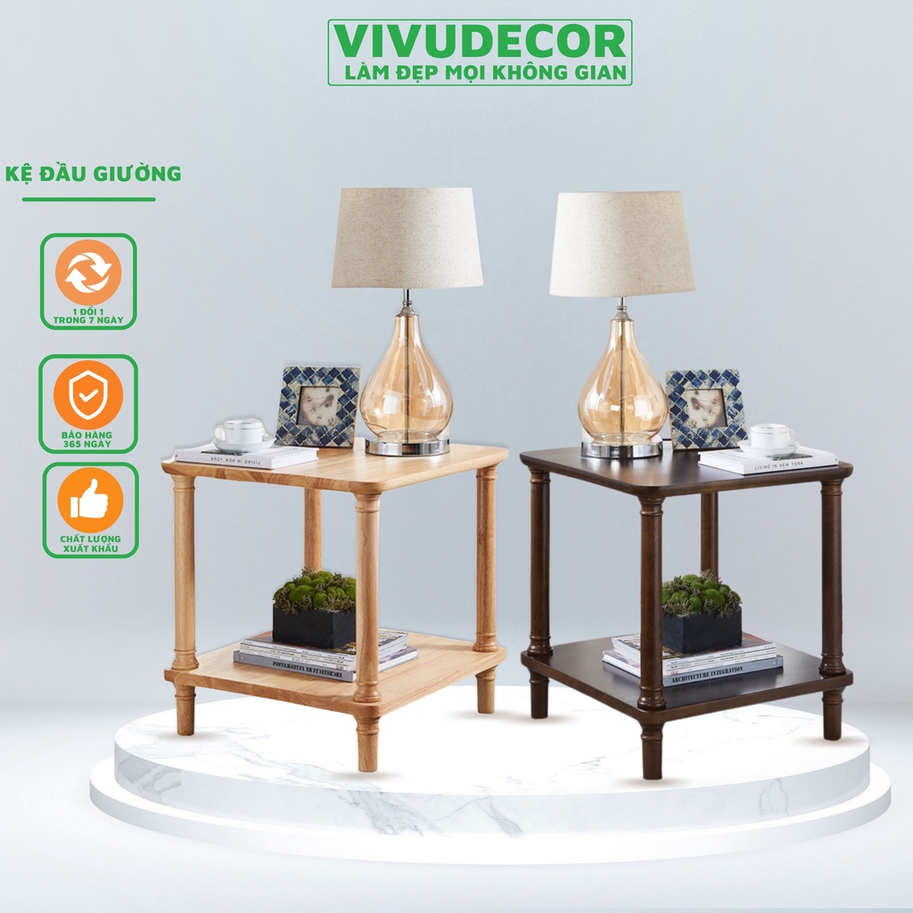 Kệ đầu giường Vivudecor 100% gỗ tự nhiên, Kệ gỗ 2 tầng lắp ráp đa năng sang trọng chất lượng Xuất Khẩu