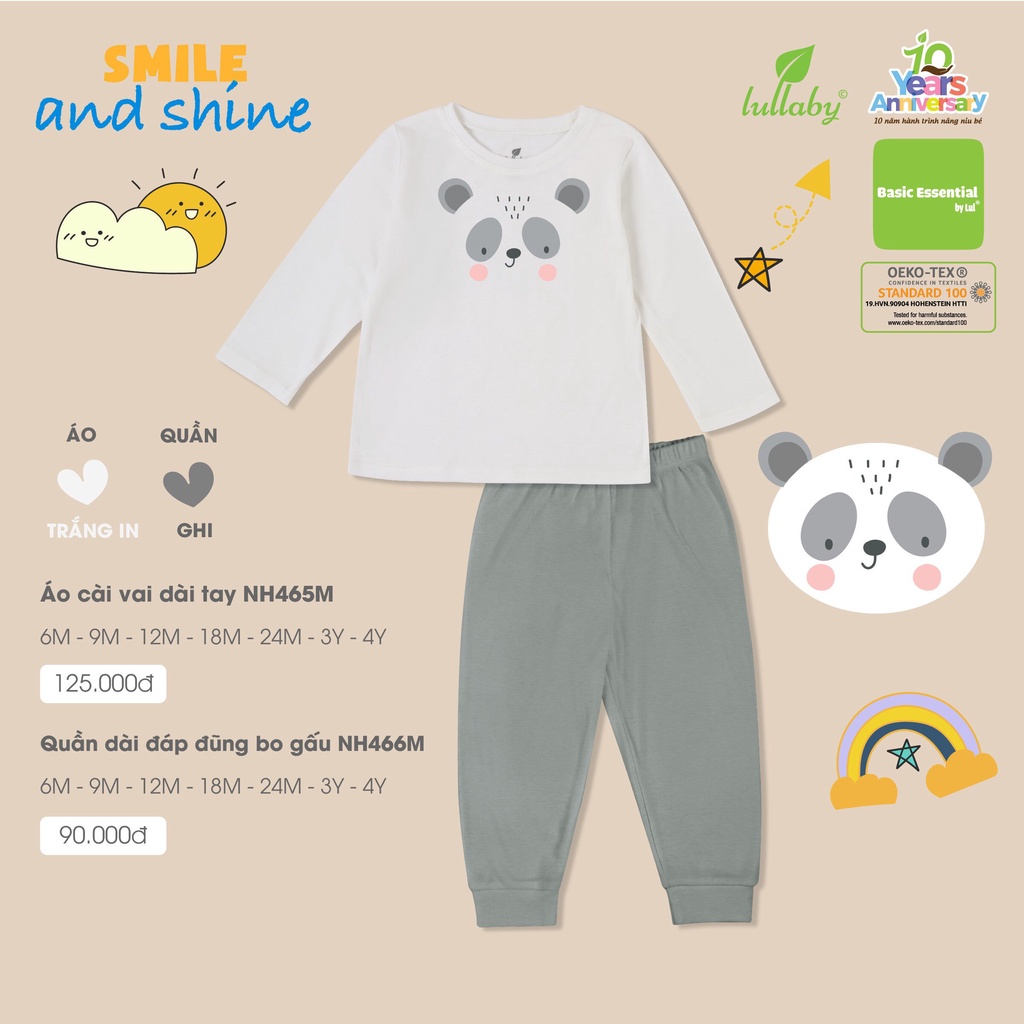 Bộ dài tay thu đông Lullaby chất bambo hoạ tiết gấu Nh465M cho bé (3y 4y không có cúc vai)