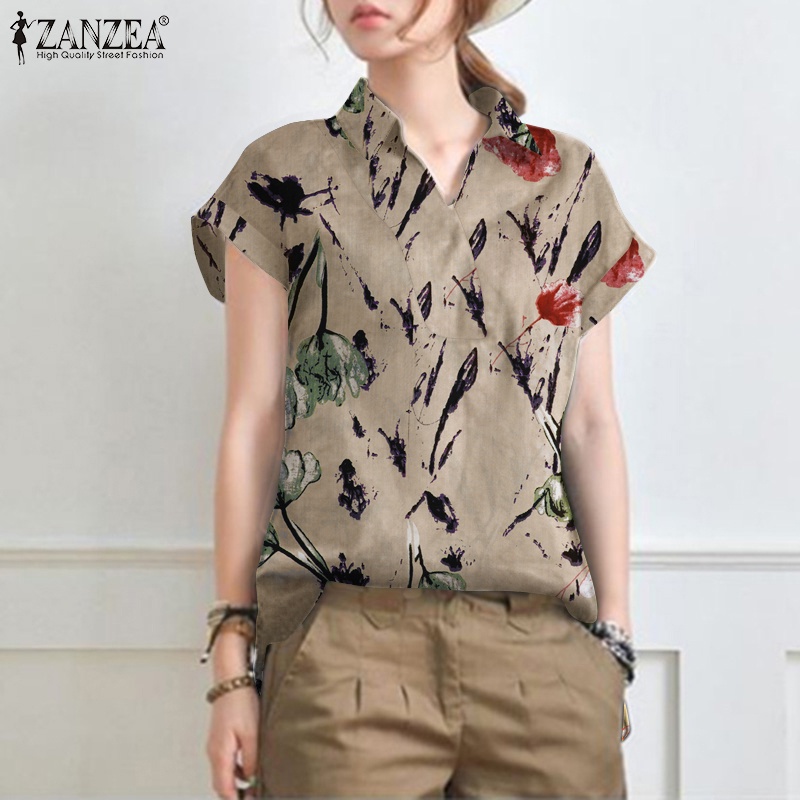 Áo sơ mi ZANZEA ngắn tay in họa tiết vintage thời trang cho nữ