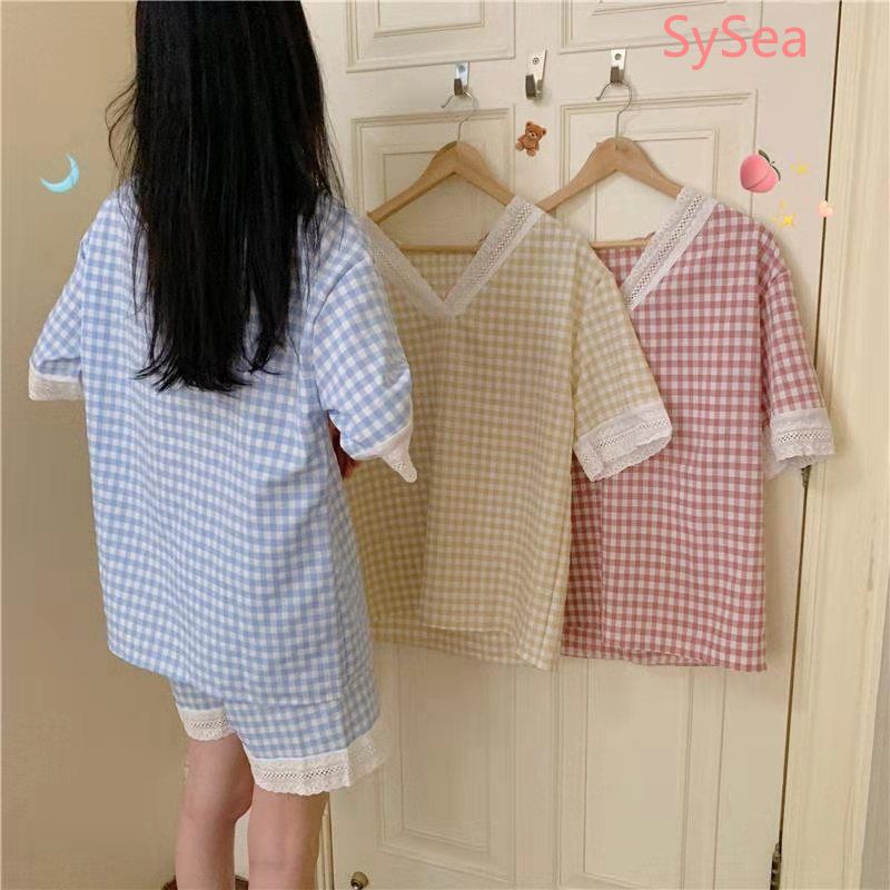 Bộ Đồ Ngủ Tay Ngắn Cổ Chữ V Phối Ren Dành Cho Nữ